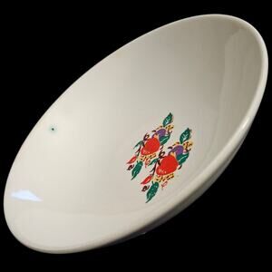 Vintage White Ceramic Oval Serving Bowl Fruit Motif Cottage Farmhouse